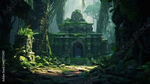 An ancient  overgrown temple hidden deep within a lush tropical rainforest.