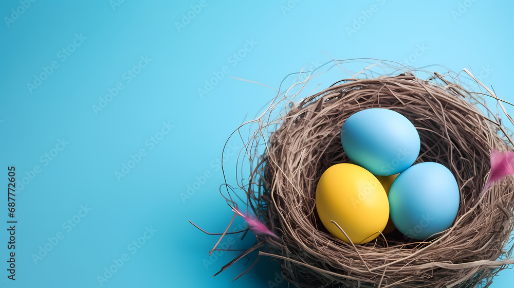 three colorful painted Easter eggs in nest on blue background three colorful painted Easter eggs in nest on blue background