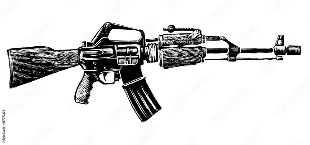 generic automatic rifle engraving style drawing sketch - obrazy, fototapety, plakaty 