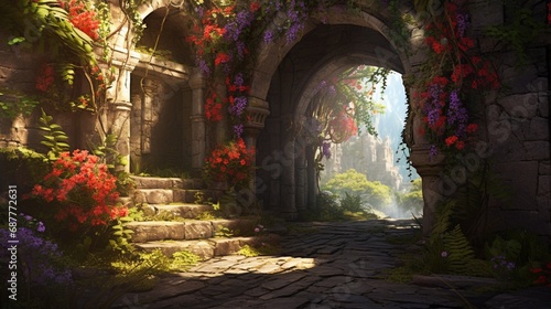 An ancient stone archway covered in vibrant climbing flowers under the midday sun.