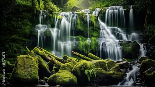 An enchanting waterfall cascading down moss-covered rocks in a lush rainforest.