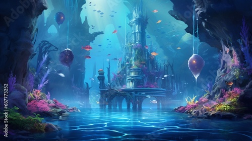 An immersive AI-generated underwater world with colorful coral reefs, exotic marine life, and rays of sunlight penetrating the crystal-clear water.