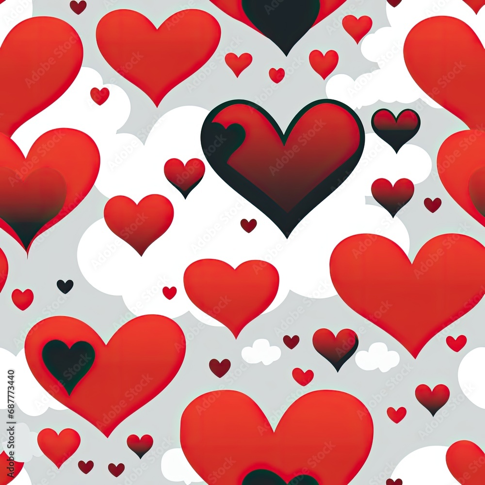 Seamless pattern of multicolored hearts on a white background.