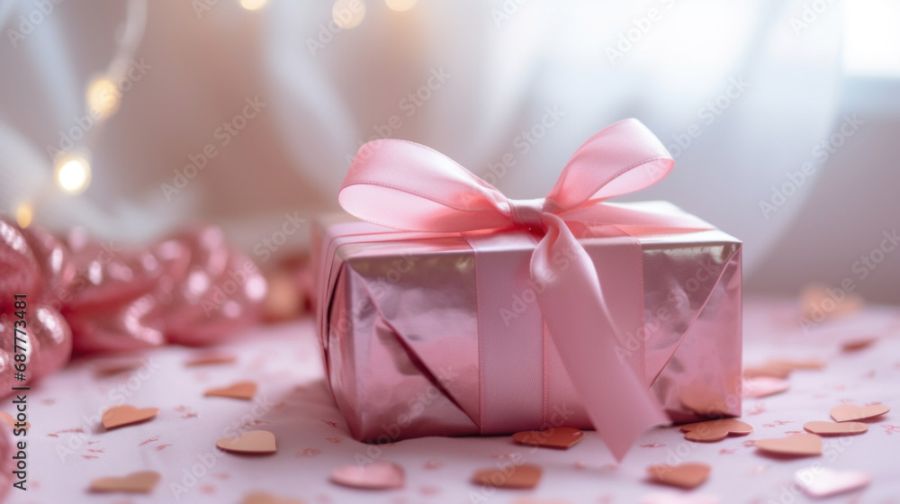 Pink gift box on blurred bokeh background Pink gift box on blurred bokeh background
