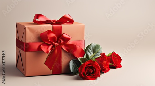 Three red roses and a gift box with bows on a pastel background.
