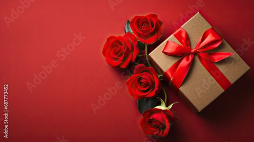 A gift box with roses on a bright red background.