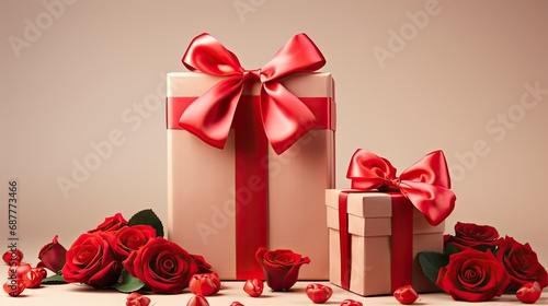 Gift boxes with bows and red roses on a light background.