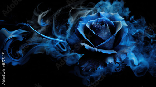 Fototapeta Naklejka Na Ścianę i Meble -  Neon blue rose wrapped in blue smoke swirl on dark background