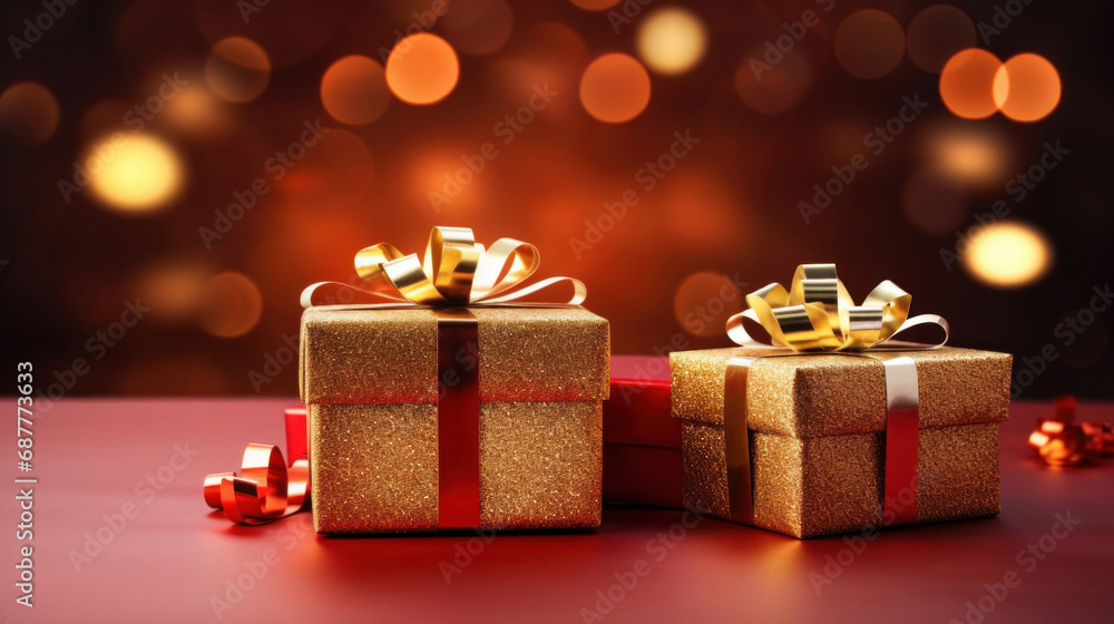 Golden gift presents on a light dark red background with colorful bokeh and stars glittering Golden gift presents on a light dark red background with colorful bokeh and stars glittering