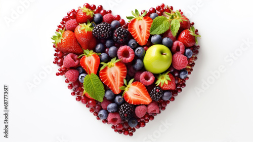 Heart shape made of different fruits and berries on white background