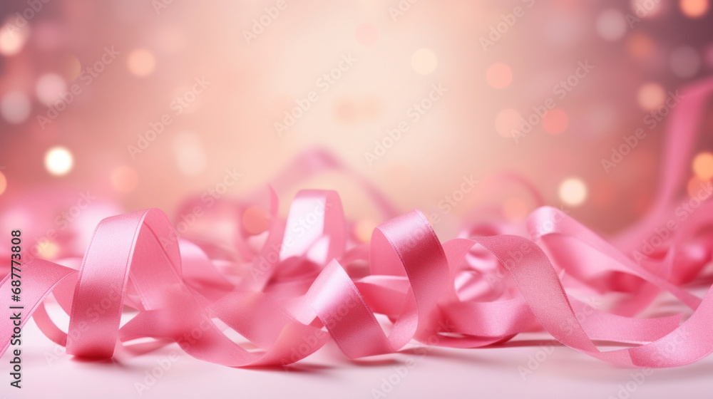 Confetti of golden and pastel pink ribbons on a golden bokeh background. Valentine's day backdrop Confetti of golden and pastel pink ribbons on a golden bokeh background. Valentine's day backdrop