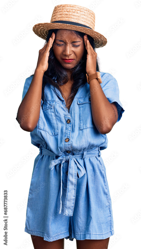 Young indian girl wearing summer hat with hand on head, headache because stress. suffering migraine. Young indian girl wearing summer hat with hand on head, headache because stress. suffering migraine.