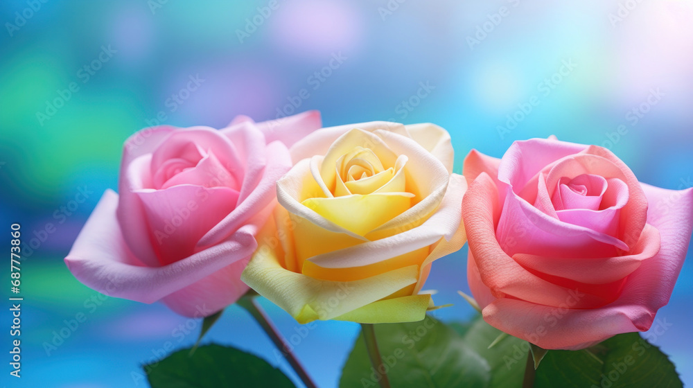 Fototapeta premium Rainbow roses petals on a colorful bokeh background.