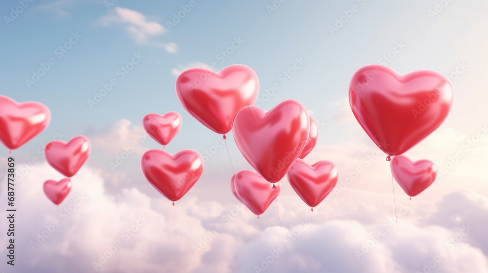 Red heart balloons on blue sky background. Valentine's day concept.