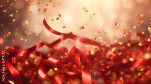 Confetti of red ribbons on a golden bokeh background. Valentine's day backdrop © tashechka