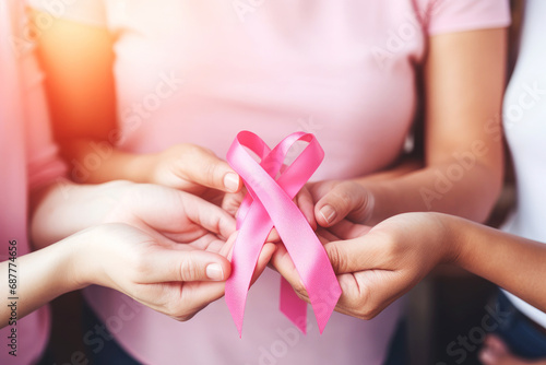 person hold a pink ribbon cancer. a pink cancer awareness. generative ai