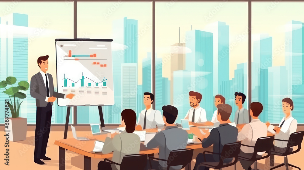 Illustration of Business man makes a presentation in the office of Business team