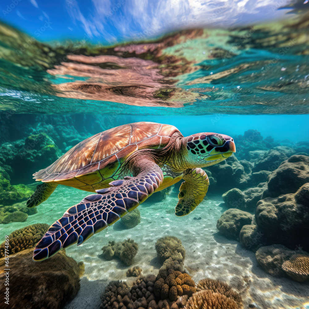 Obraz premium a majestic sea turtle swimming gracefully in the crystal clear waters