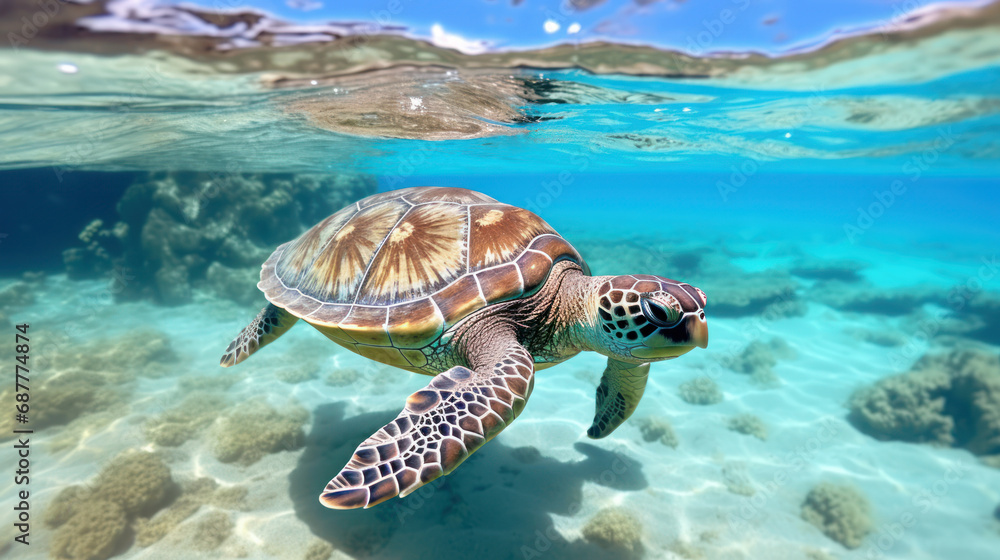 Obraz premium a majestic sea turtle swimming gracefully in the crystal clear waters