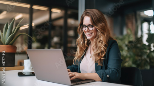 Happy plus size Caucasian casual businesswoman using laptop at desk in office