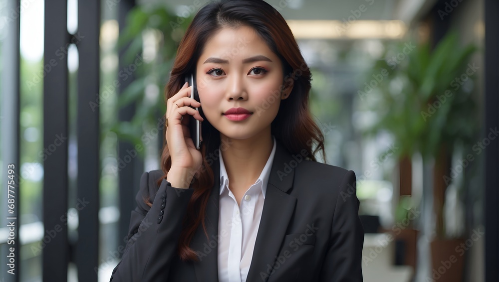 Portrait of young asian business woman talk on smartphone write notebook laptop in home office. Portrait of young asian business woman talk on smartphone write notebook laptop in home office.