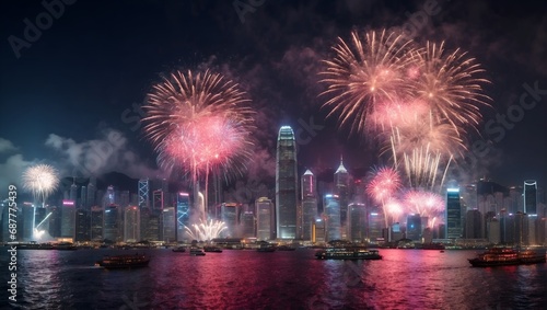Panorama view of Hong Kong fireworks show in Victoria Harbor