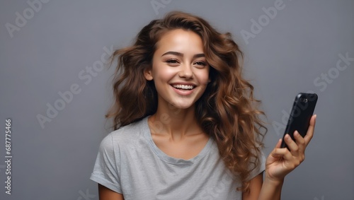 Portrait of a joyful young woman holding a mobile phone on a plain background