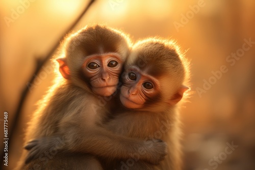 baby monkey hug together in shinning light. Generative AI
