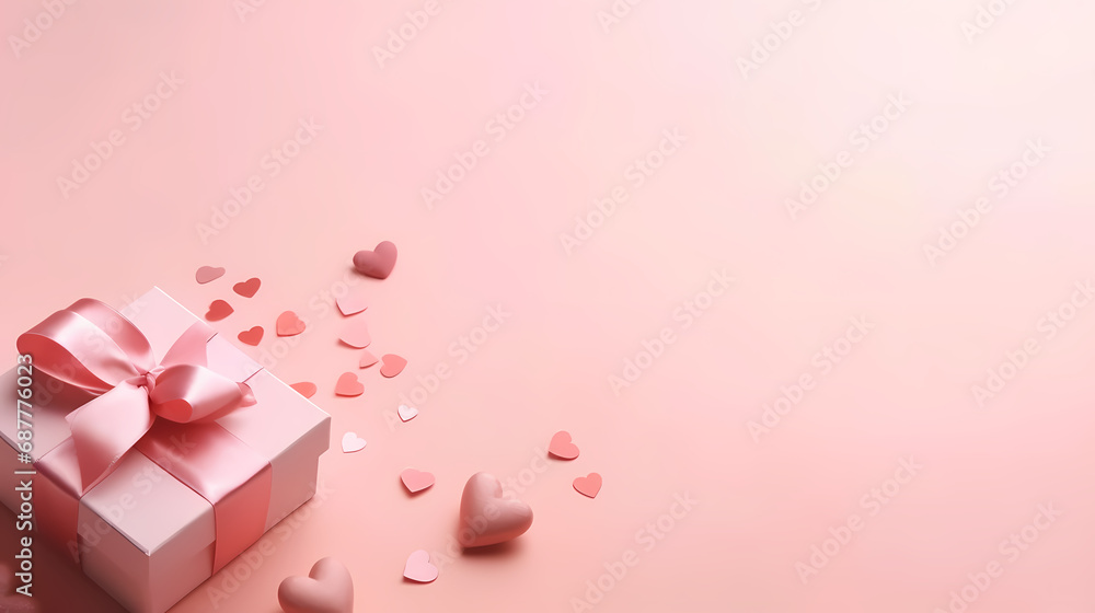 gift and small hearts on pink background with copy space