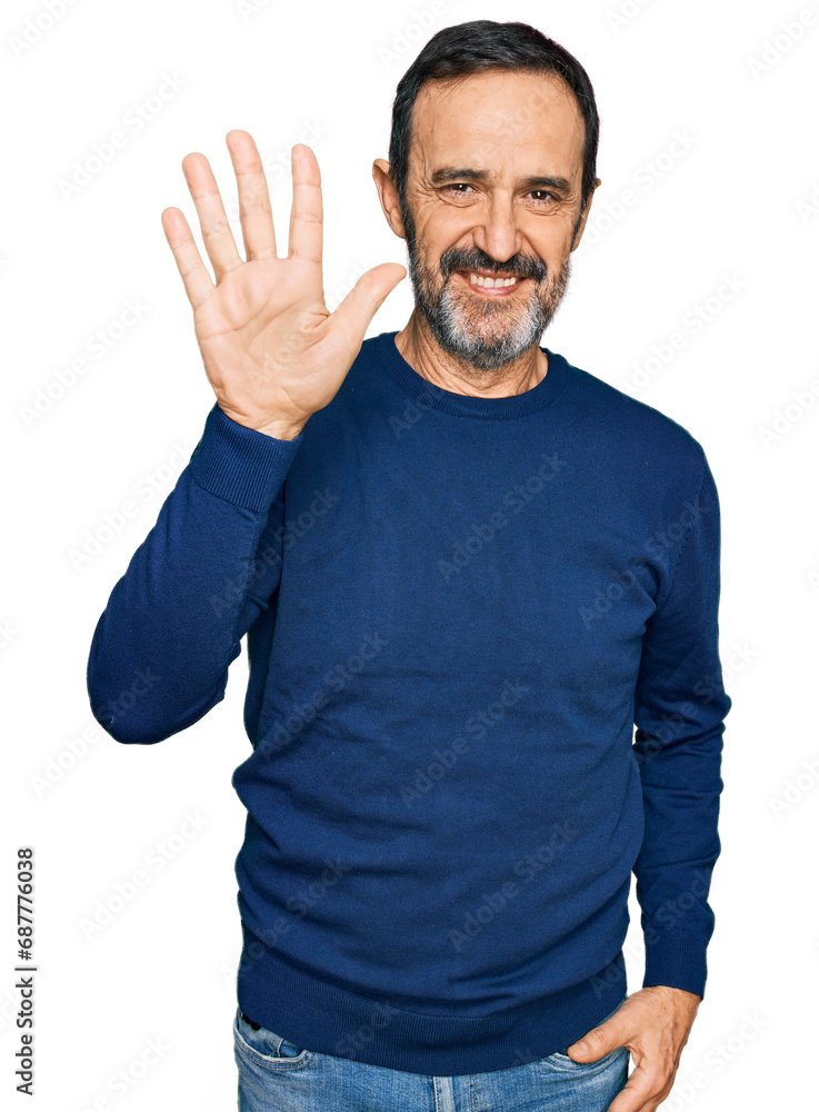 Fototapeta premium Middle age hispanic man wearing casual clothes showing and pointing up with fingers number five while smiling confident and happy.
