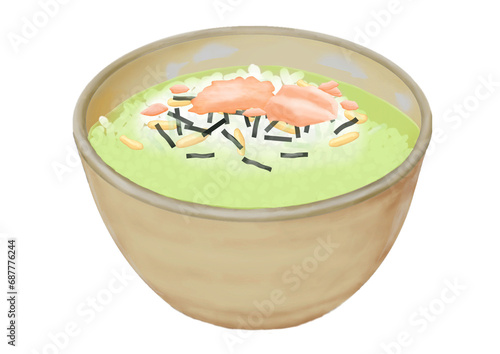単体の鮭茶漬け（手描き、リアル、写実）