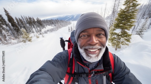 Traveler influencer taking selfie during travel in winter season backpack on alps mountain comeliness