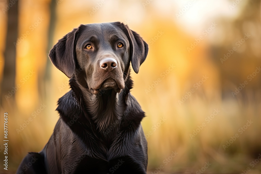 Portrait of a black labrador dog in the park