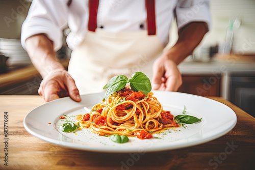 Close-up of a chef with the plate with Italian pasta