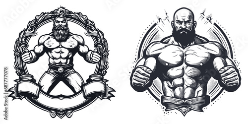 Bodybuilders with big muscles set, vector illustration.