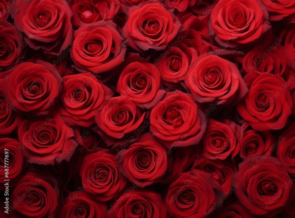 Lush red roses in full bloom, creating a romantic and luxurious floral background. Close-up of fresh red rose petals, symbolizing love and passion in a floral display Lush red roses in full bloom, creating a romantic and luxurious floral background. Close-up of fresh red rose petals, symbolizing love and passion in a floral display