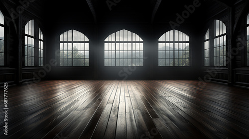 Empty room - large windows - hard wood floors - background - backdrop - sun shining in - monochrome - low angle shot 