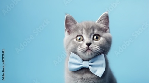 Kitten with a blue bow tie sitting on a blue background. Close up portrait of a cute Kitten. Gray Cat posing for the camera. Pet care. Cat on a light background. Pets without breed. Valentine's Day © Faisal Ai