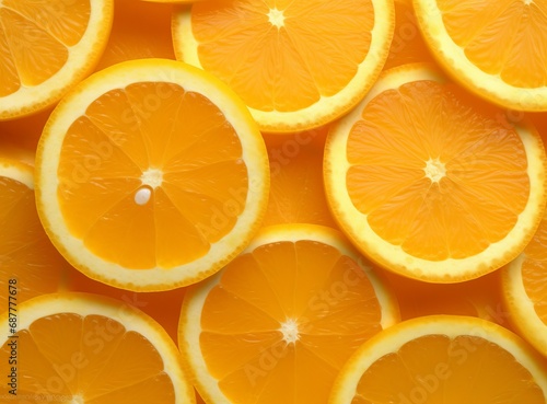 Juicy citrus slices artistically arranged, capturing the essence of freshness and nutrition. Vibrant array of fresh orange slices full of vitamin C, perfect for healthy food backgrounds