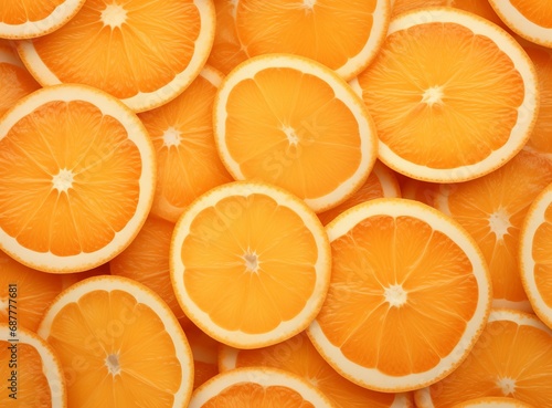 Juicy citrus slices artistically arranged, capturing the essence of freshness and nutrition. Vibrant array of fresh orange slices full of vitamin C, perfect for healthy food backgrounds