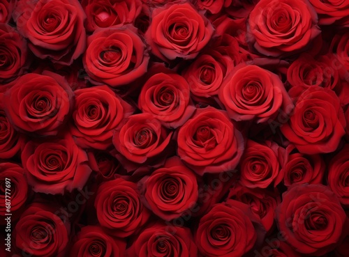 Lush red roses in full bloom, creating a romantic and luxurious floral background. Close-up of fresh red rose petals, symbolizing love and passion in a floral display