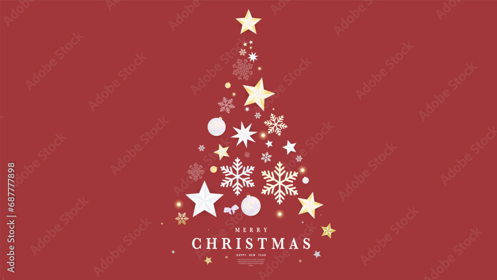 Christmas tree and snowflake with star ,isolated on red background, Vector illustration EPS 10 Christmas tree and snowflake with star ,isolated on red background, Vector illustration EPS 10