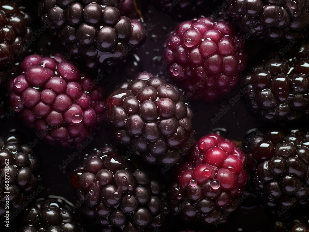 An Overhead Photo of Fresh Boysenberry Covered in Water Drops An Overhead Photo of Fresh Boysenberry Covered in Water Drops