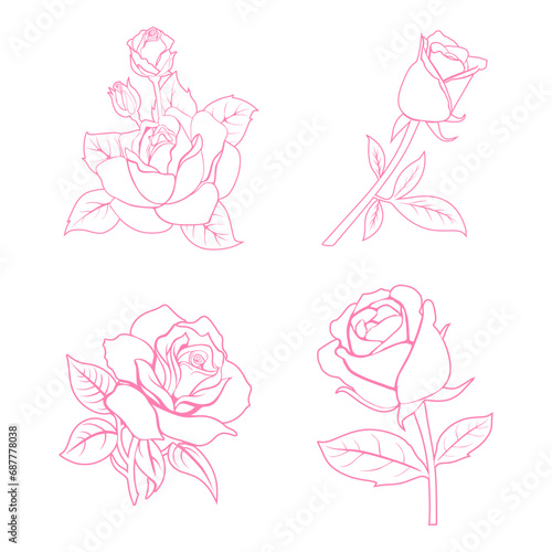 ose flower collection in outline style  pink 