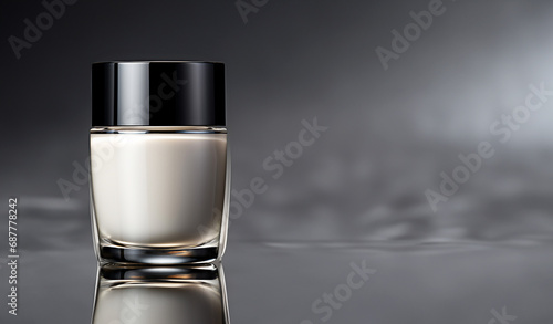 Cosmetic cream in a glass or perfume bottle on gray background copy space for text