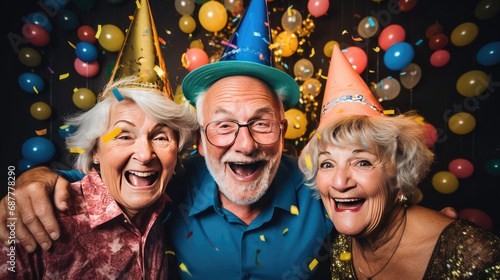 happy old people have fun in a birthday party