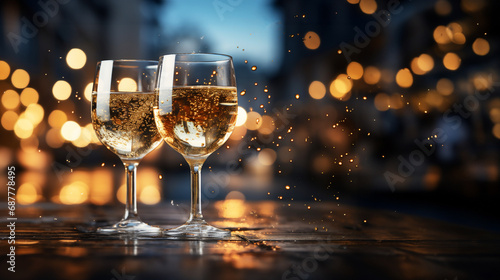 two Glasses of champagne on the table in a restaurant with golden bokeh background copy space for text