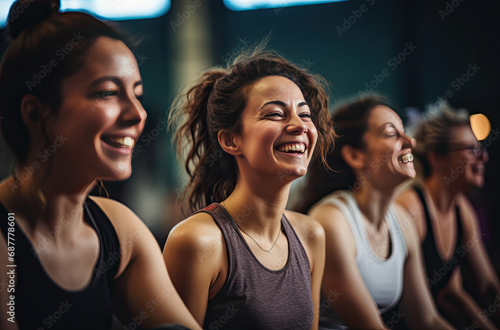 women sitting on a mat of gym