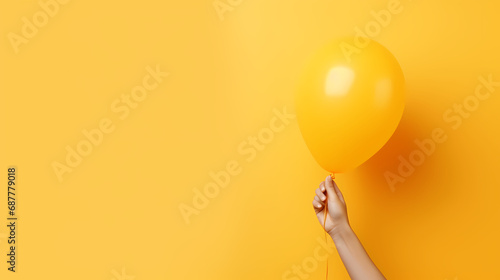 Hand holding an inflated yellow balloon with yellow background, space for text
 photo