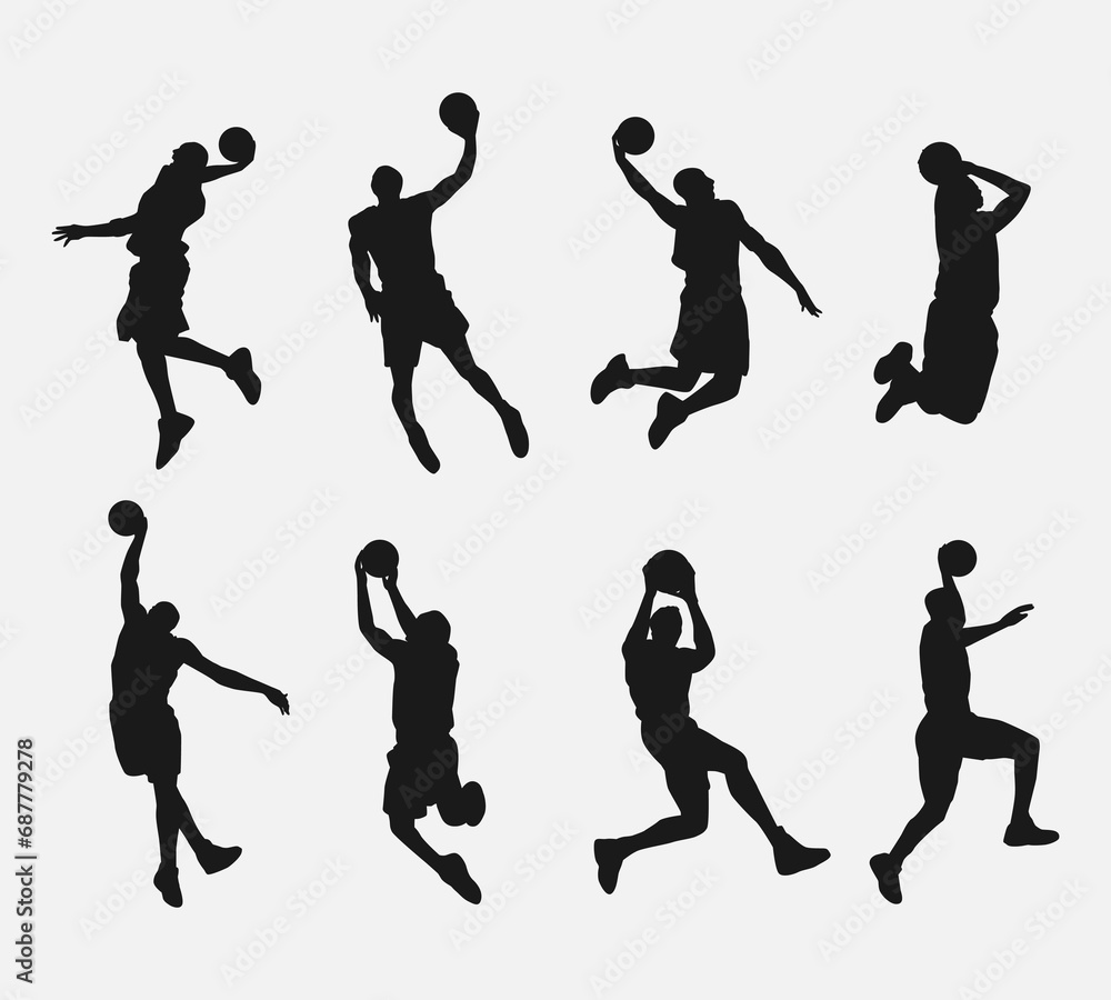 set of silhouettes of male basketball players doing jump shot, dunk. isolated on white background. vector illustration.
